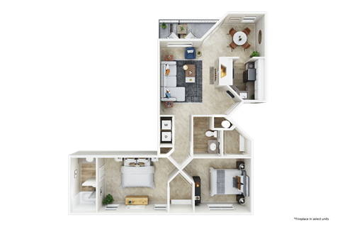 Floor plan for 2 beds, 2 baths, 952 sqft